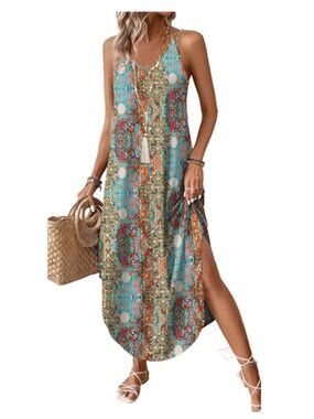 Boho Halter Maxi Dress for Women Summer Beach Vacation Outfit Sleeveless Flowy